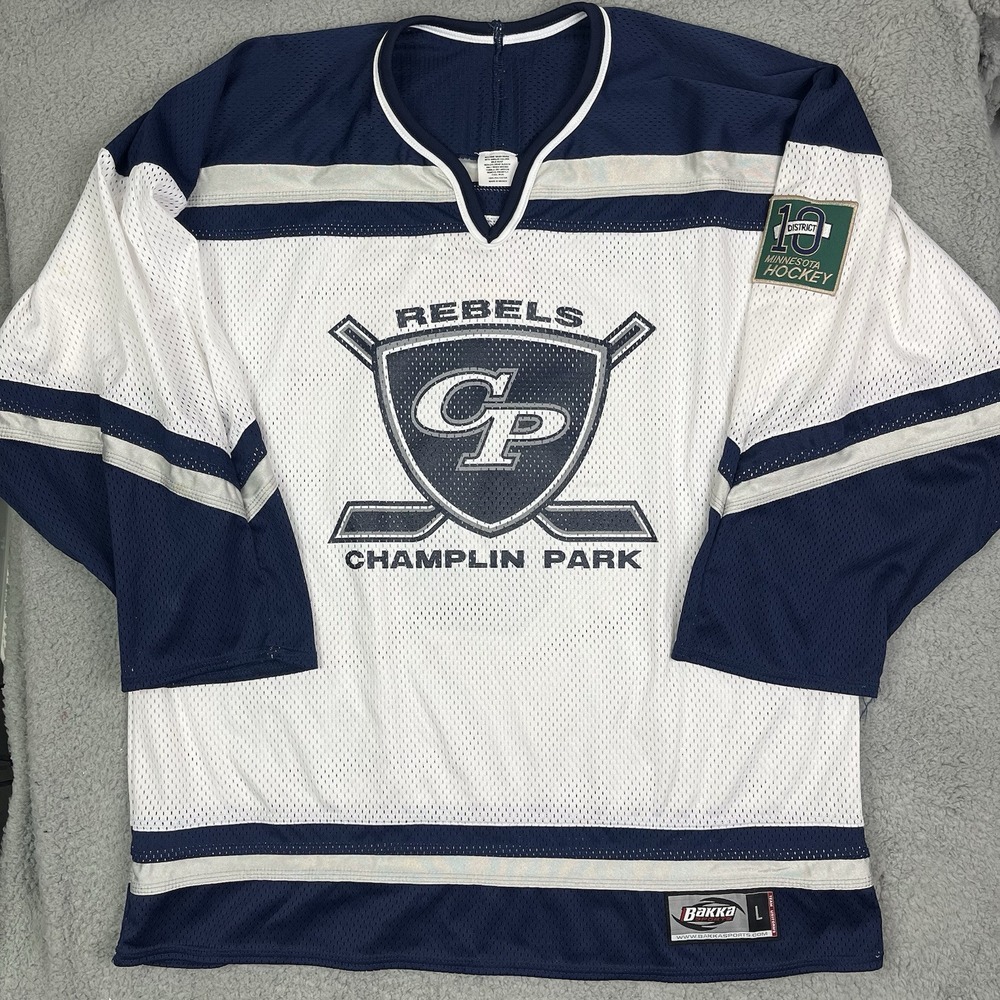 Vintage Champlin Park Rebels Hockey Jersey Minnesota High School MN Bakka Size L